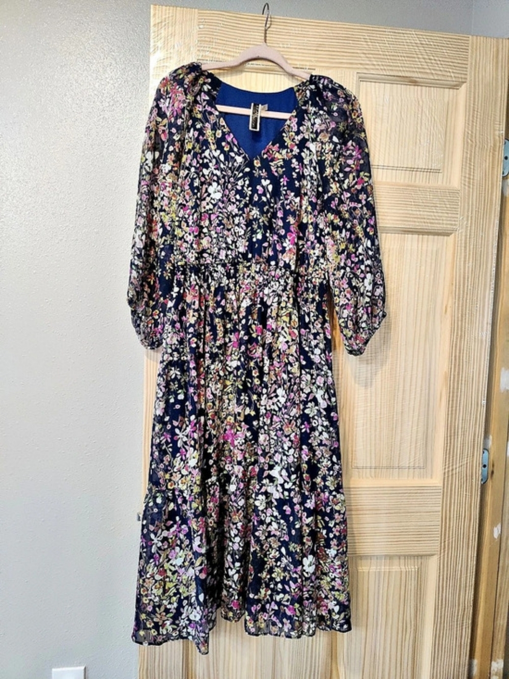 Jones New York Floral Midi Dress Blue & Pink Size 16 Like New